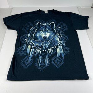 Y2K Wolf Wolves Nature Dream Catcher Shirt Adult Large Black Cotton Short Sleeve